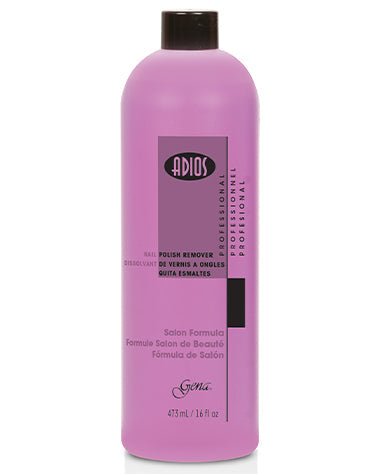Adios Nail Polish Remover 16oz - A larger pink bottle of Adios professional nail polish remover, ideal for salon use with strong removal properties.