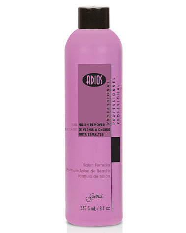 Adios Nail Polish Remover 8oz - A pink bottle of Adios professional salon formula nail polish remover, designed for effective nail lacquer removal.