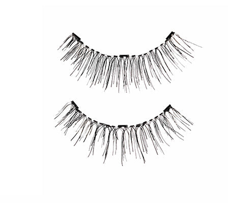 Close-up of Ardell Magnetic Double Lash 110 upper & lower false lashes for the right eye featuring tiny magnets & lash fibers.