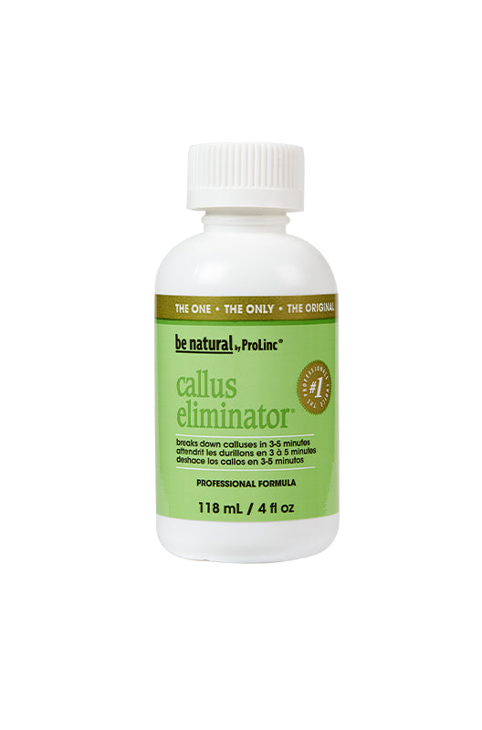 Forward facing 4 ounce bottle of ProLinc Callus Eliminator with a green themed label printed with product information