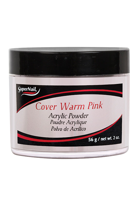 A closer look at a 2-ounce container of SuperNail Cover Acrylic Warm Pink  with printed labeled information
