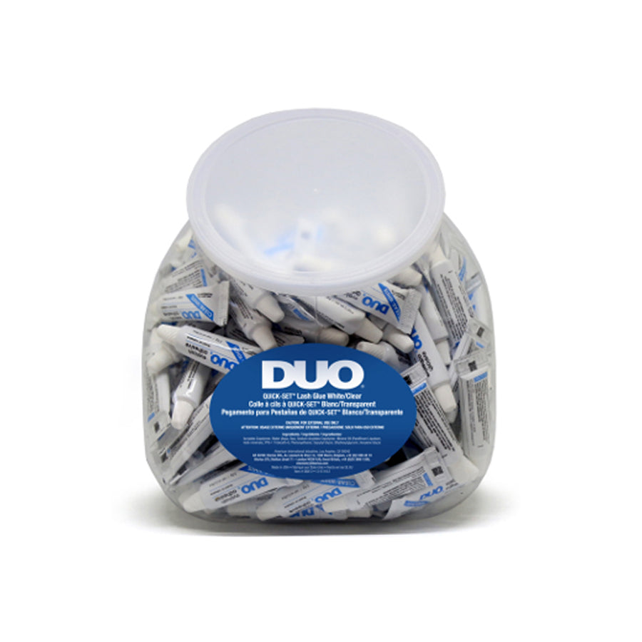 Jar of DUO labels with a white lid on a white background