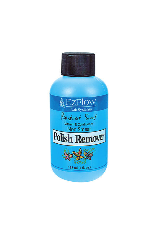 4 oz. blue bottle of EzFlow Rainforest Scent non-smear nail polish remover with vitamin E for gentle nail care.