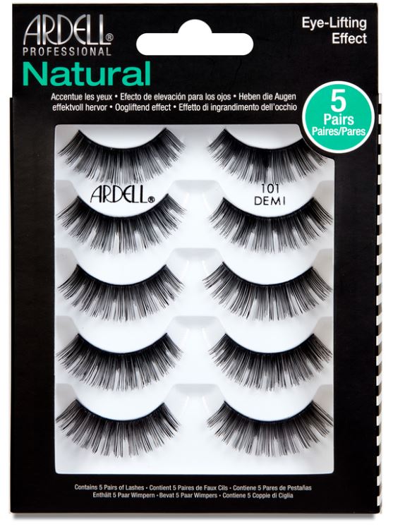 A five-pair set of Ardell Natural 101 Demi lashes, designed for an eye-lifting effect and reusable wear.