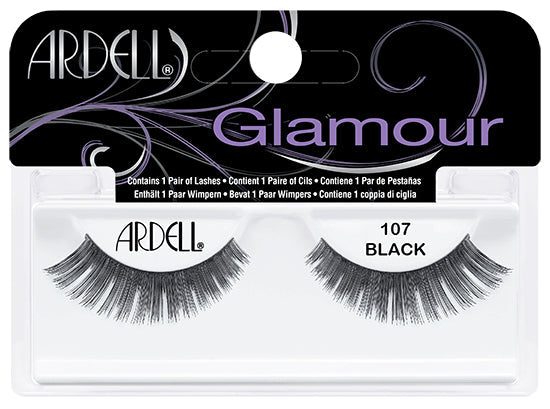 Front view of an Ardell Natural 107 false lashes set in complete retail wall hook packaging