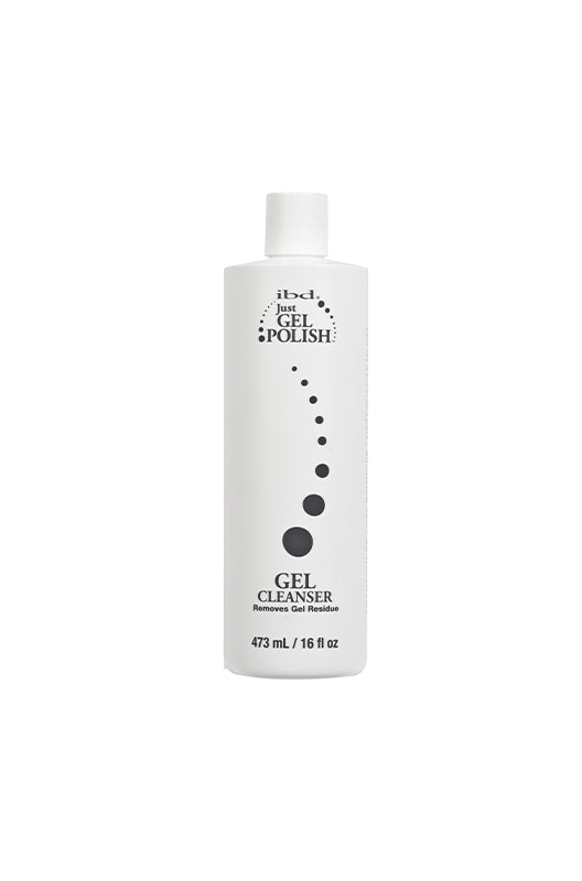 Tall white 16-ounce bottle of Gel polish cleanser from ibd collection with labeled product details isolated in white background