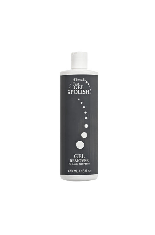 Frontal view of a 16-ounce two-color combination bottle ibd Just Gel Polish Remover with printed labeled details