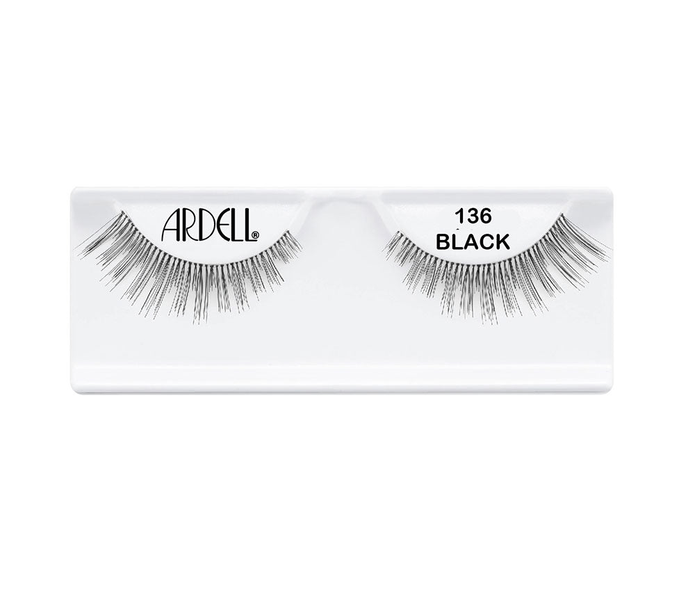 Close-up of Ardell Glamour 136 Black false eyelashes in tray