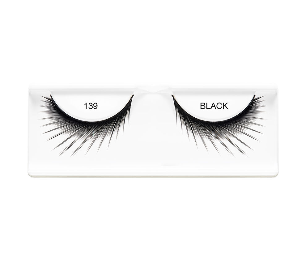 Pair of Ardell Black 139 faux lashes in inner plastic packaging labeled "Ardell" & "139 Black"