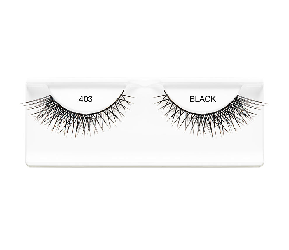 Pair of Ardell Edgy Lash 403 faux lashes in inner plastic packaging labeled "Ardell" & "403 Black"