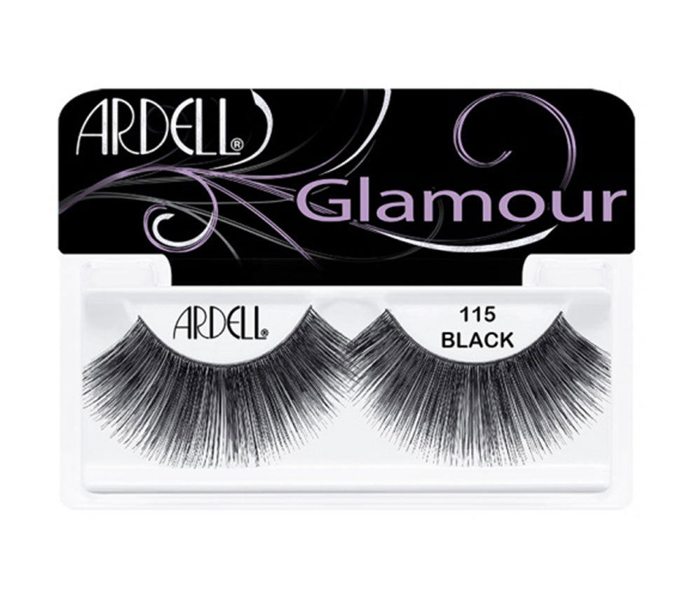 Front view of an Ardell Glamour 115 false lashes set in complete retail wall hook packaging