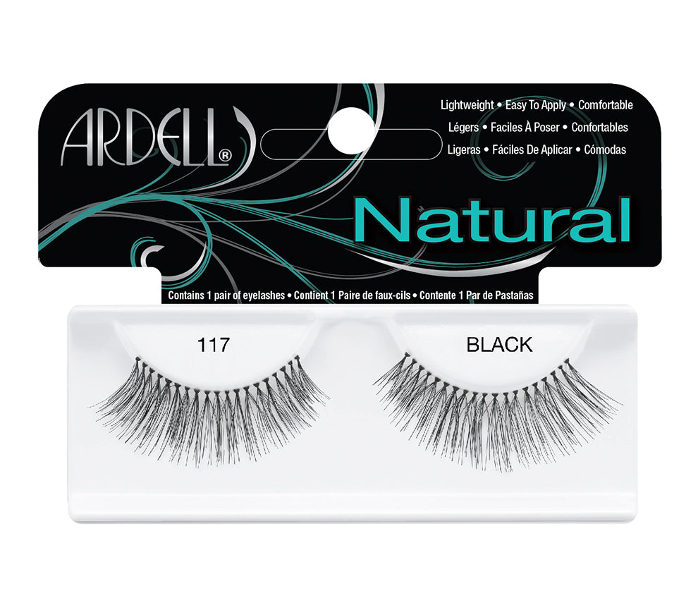 Front view of an Ardell Natural 117 faux lashes set in complete retail wall hook packaging