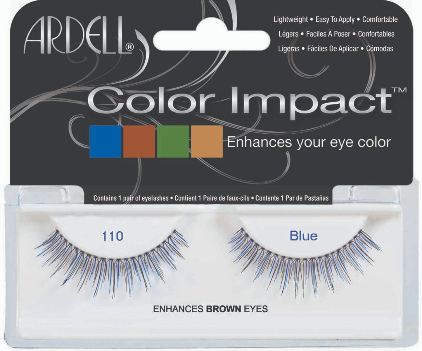 Front view of an Ardell Color Impact 110 Blue false lashes set in complete retail wall hook packaging