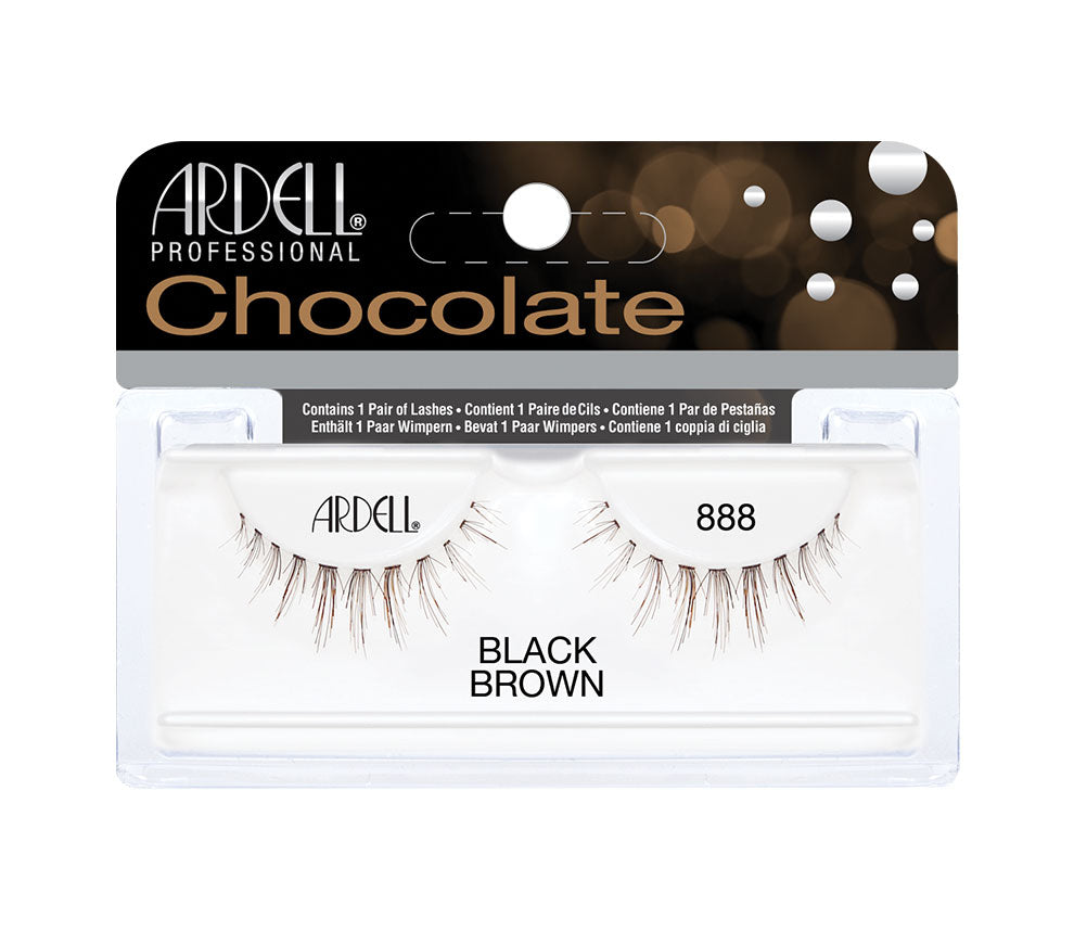 Front view of an Ardell Chocolate Lash 888 faux lashes set in complete retail wall hook packaging