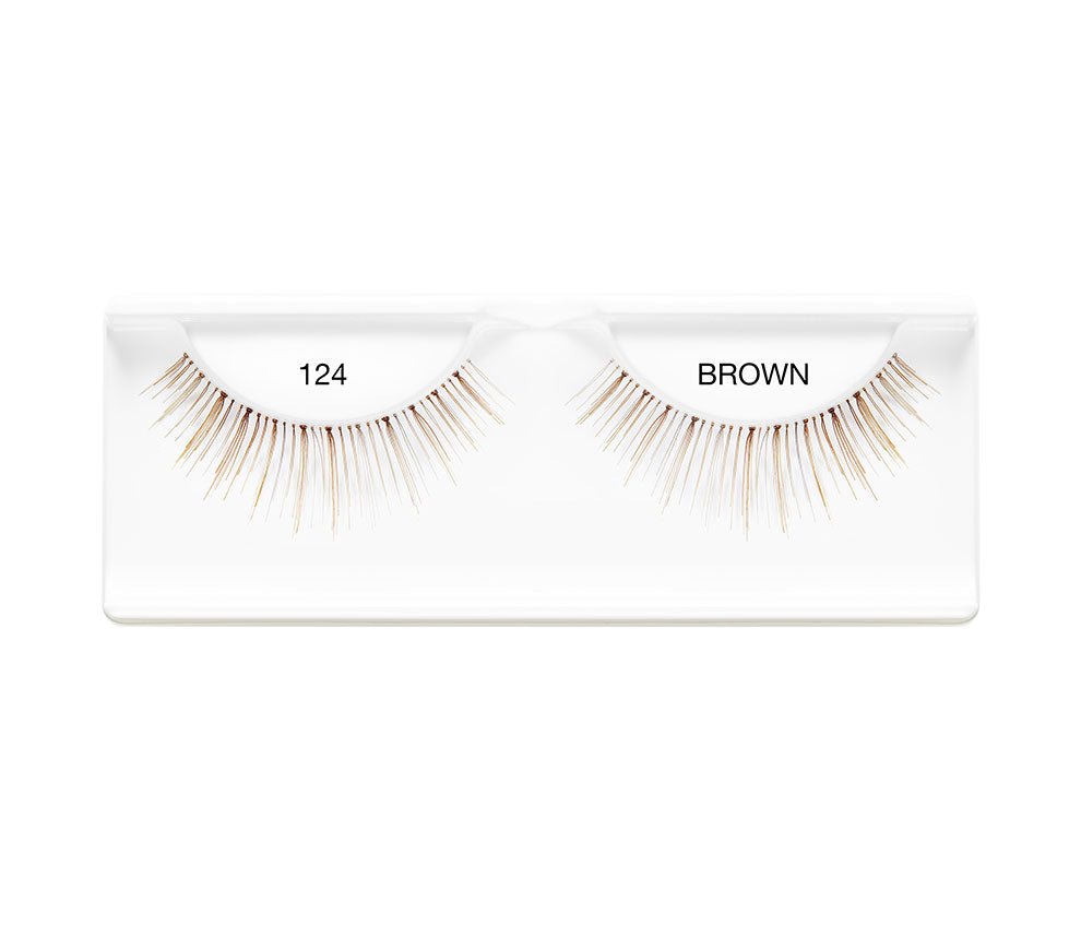Pair of Ardell Natural 124 Brown faux lashes set in inner plastic packaging