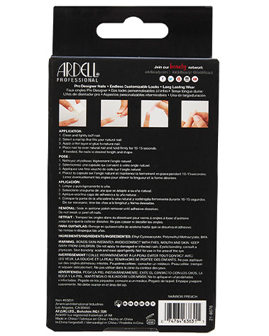 Ardell Nail Addict  Artificial Nail with Rainbow french Tips wall hook ready packaging back view with labeled detail 