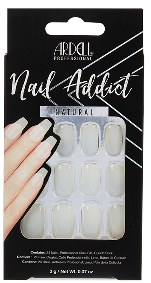 A frontage look of Ardell Nail Addict Premium Artificial Nail Set in Natural long  variant in a wall hook ready packaging