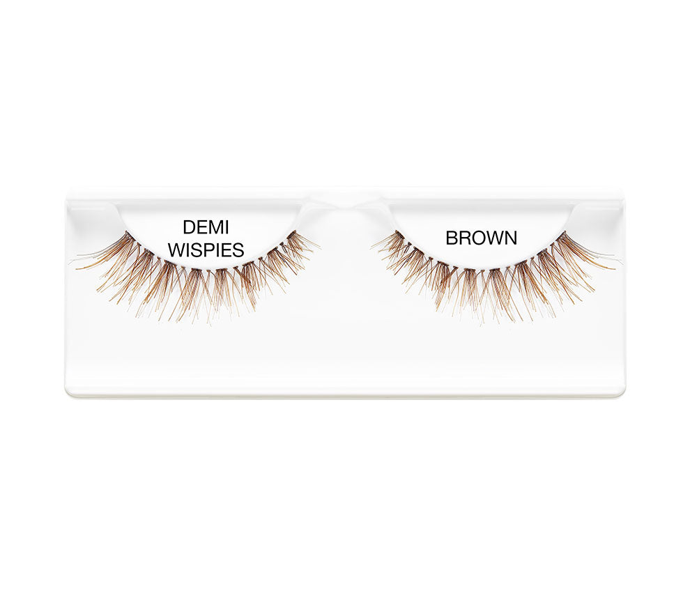 A single pair of Ardell Demi Wispies in Brown color placed in its retail wall hook with some texts on it