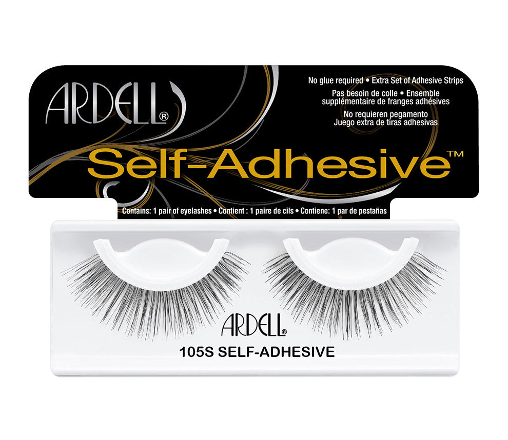 A single pair of Ardell Self Adhesive 105 Upper & Under Lashes for the left & right eye placed on its retail wall hook 