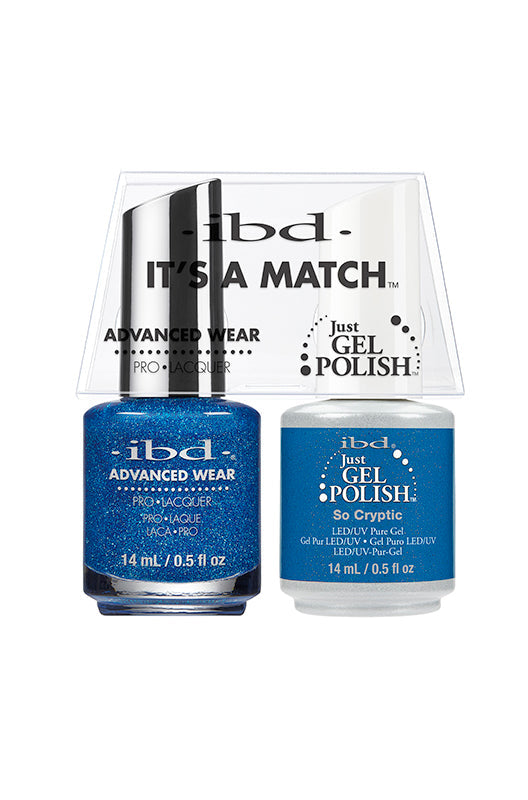 IBD It's A Match gel and lacquer duo in So Cryptic, an electric sapphire blue infused with fine holographic shimmer for a bold, futuristic twist.