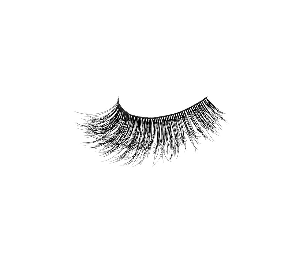 Angled shot of a single Ardell Mega Volume 250 false lash for the right eye showing fibers fanning out