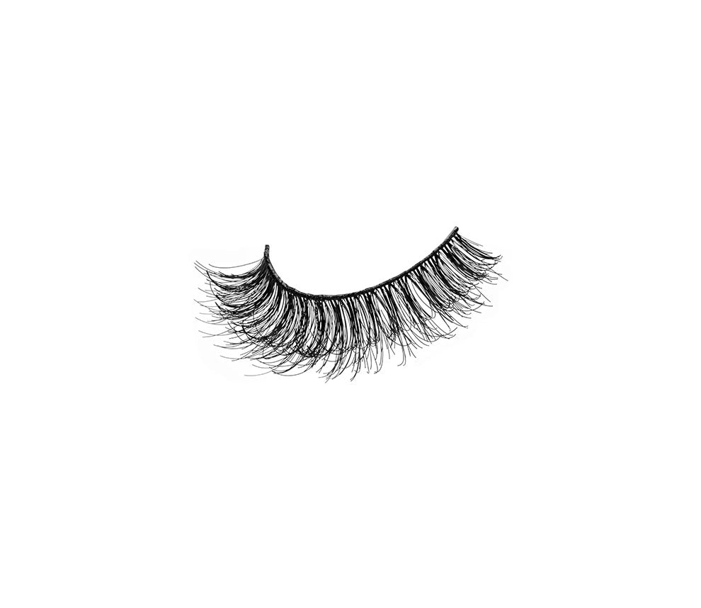 Angled shot of a single Ardell Mega Volume 251 false lash for the right eye showing fibers fanning out