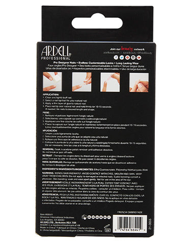 The back labeled details of Ardell Nail Addict Artificial Nail in Ombré Fade variant with a wall hook ready packaging