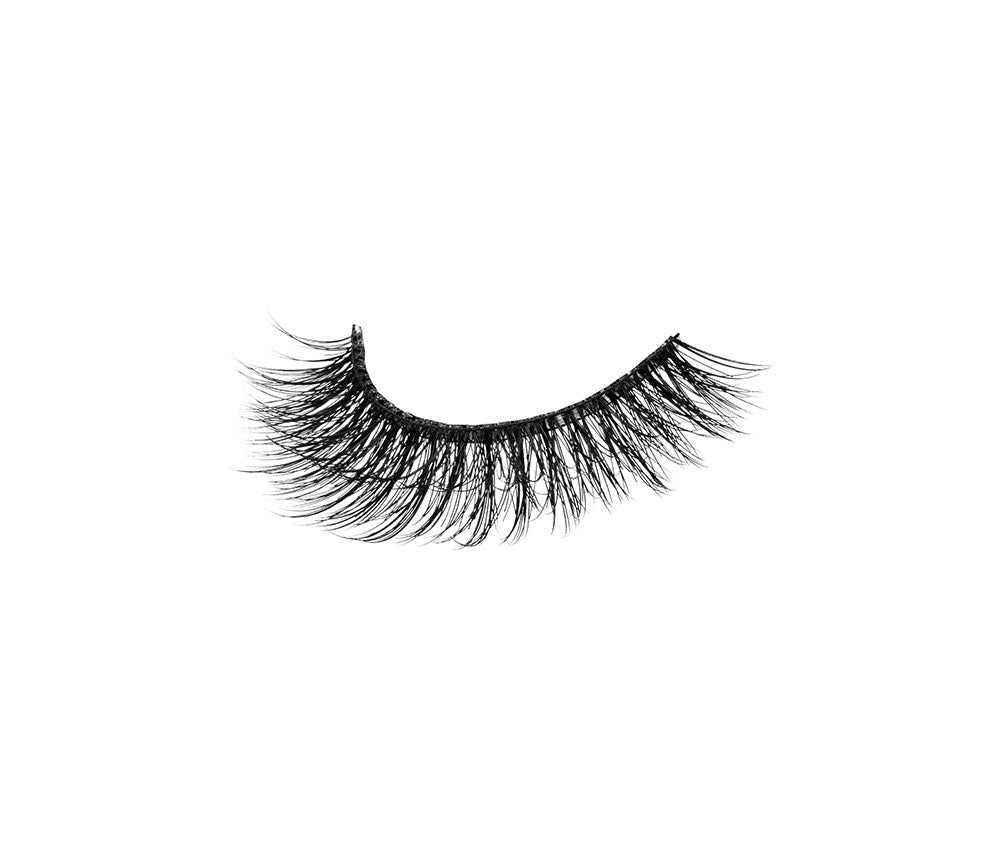 Angled shot of a single Ardell Mega Volume 252 false lash for the right eye showing fibers fanning out