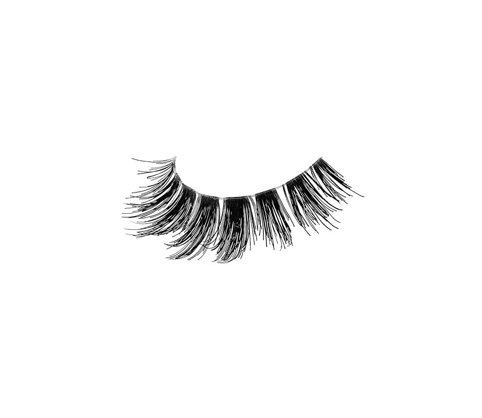 A closeup shot of Ardell Studio Effects 230 showing its long length, flared, winged out & uneven layered lash style