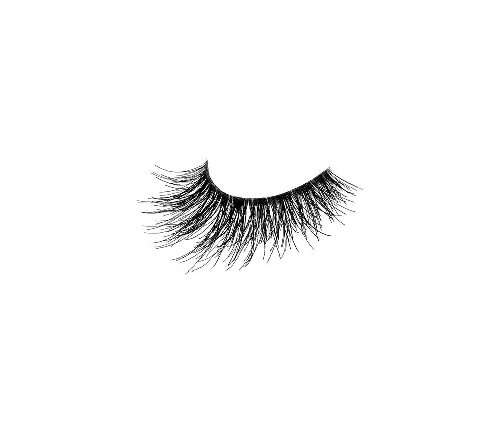 A close up side shot of Ardell Studio Effects 231 showing its flared, extra long length, layered lash