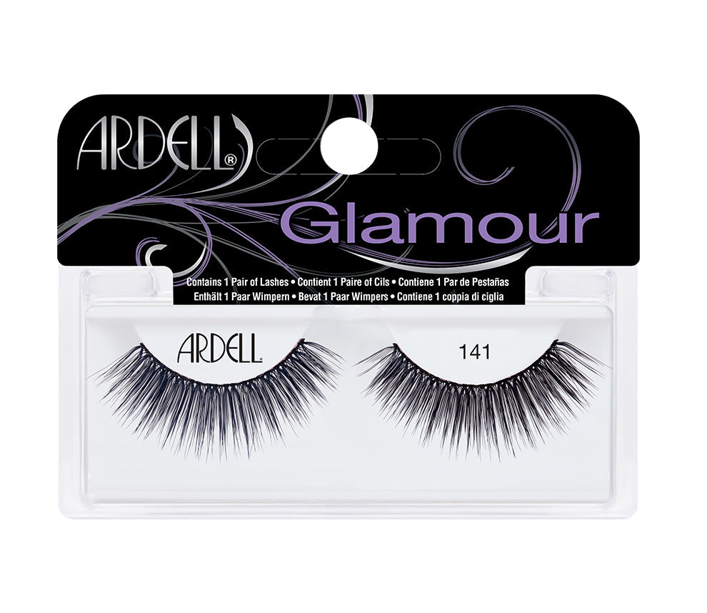 Front view of an Ardell Glamour 141 faux lashes set in complete retail wall hook packaging