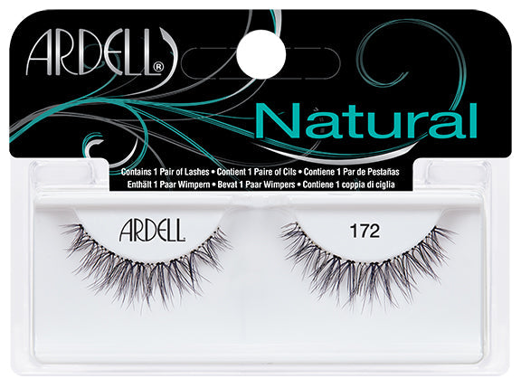 Front view of an Ardell Natural 172 faux lashes set in complete retail wall hook packaging