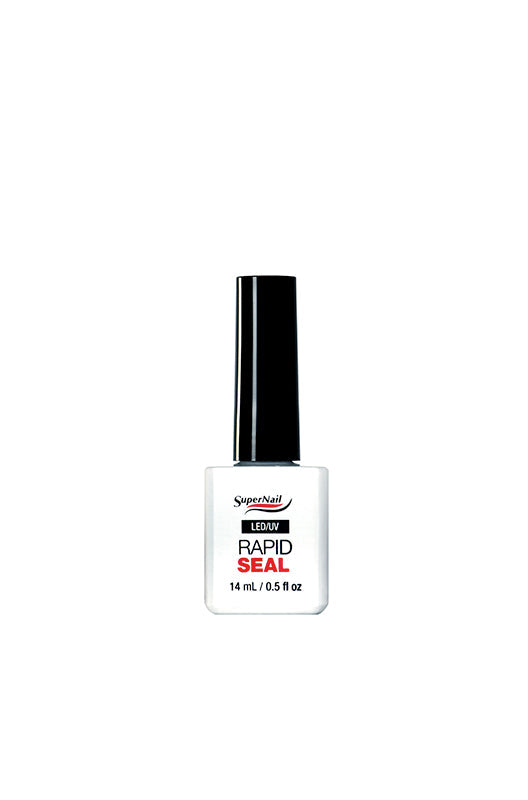 Expansive demonstration of SuperNail LED/UV Rapid Seal in a 0.5-ounce bottle with printed labeled text