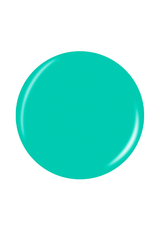 Glossy bright turquoise/seafoam round shape sample color swatch in a white color scene
