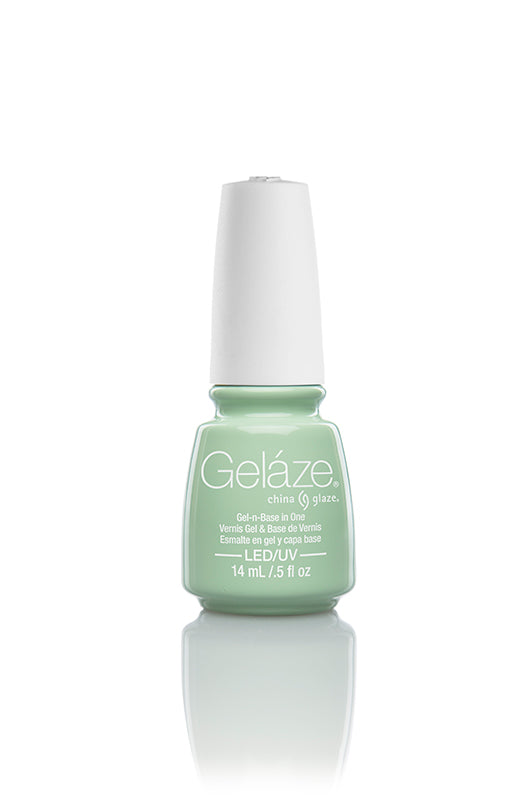 Front view of China Glaze - Gelaze nail lacquer top coat bottle with Re-fresh mint color variant