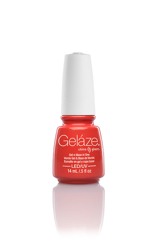 0.5-ounce capped China Glaze -Gelaze, Coral Star nail polish bottle in facing forward position