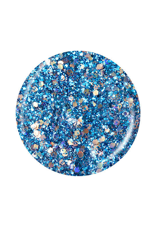 Blue and silver glitter circle shape color swatch sample in white color setting