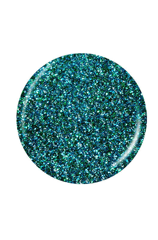 Shimmery blue-green circle  nail polish sample color swatchwith white setting