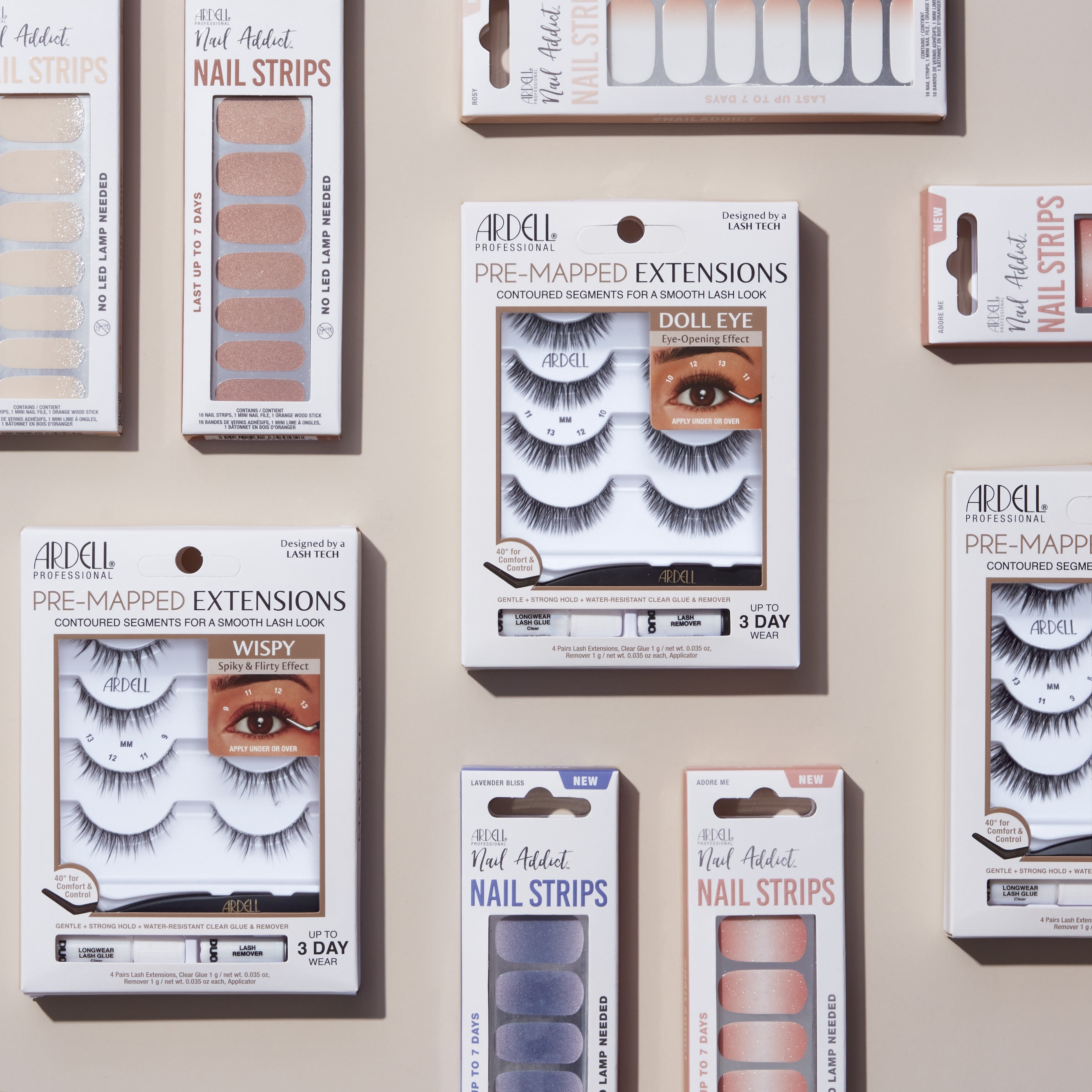 Flat lay of Ardell pre-mapped lash extensions and Nail Addict nail strips in various styles arranged on a neutral background.