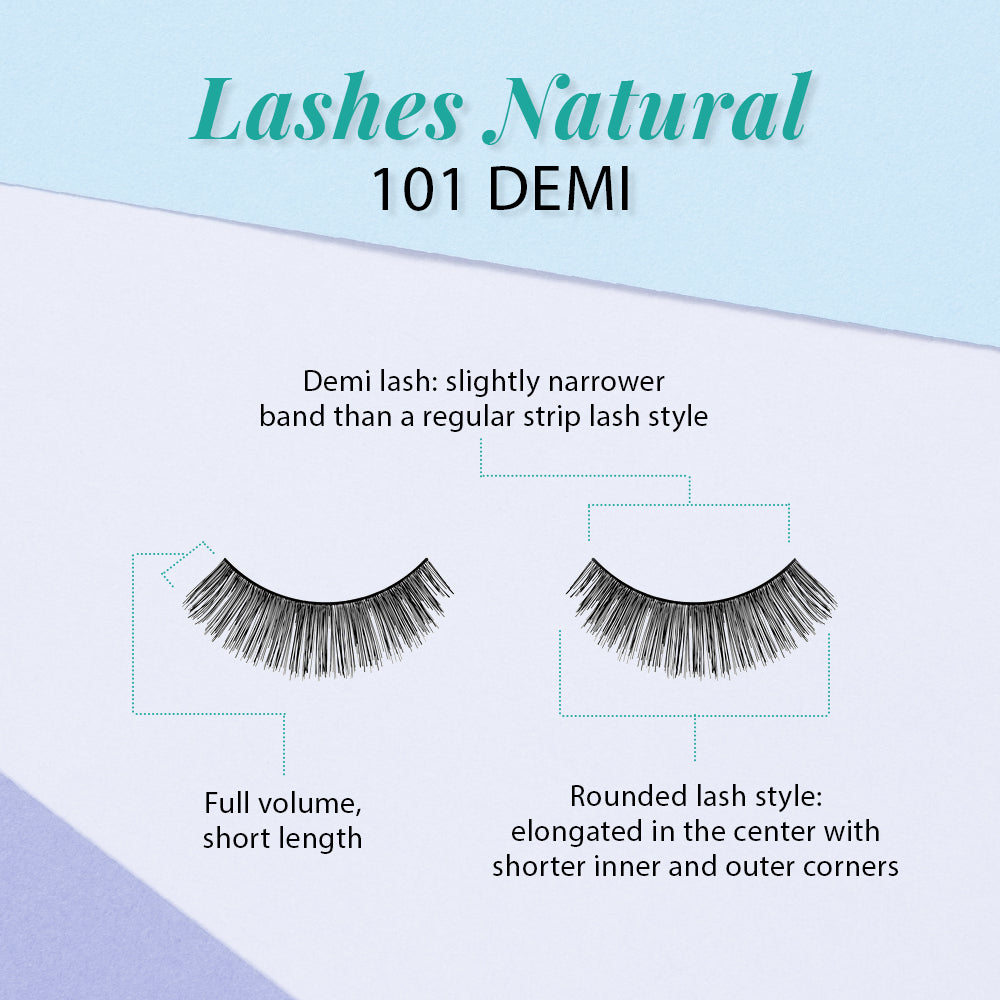 A breakdown of the Ardell 101 Demi lashes, highlighting their full volume and rounded lash style.
