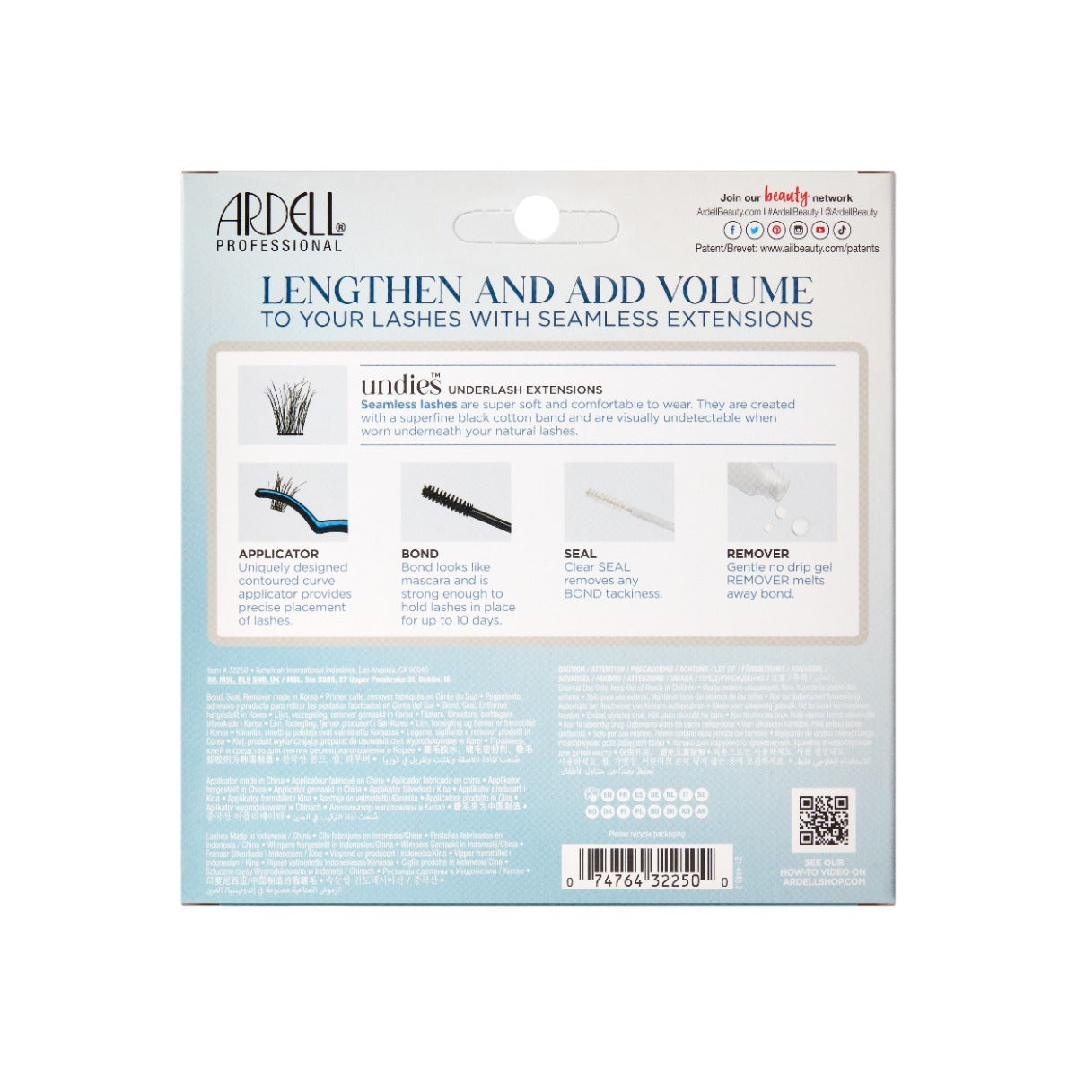 The back of the Ardell Undies Underlash Extensions box, showcasing instructions and product details for seamless lash application.