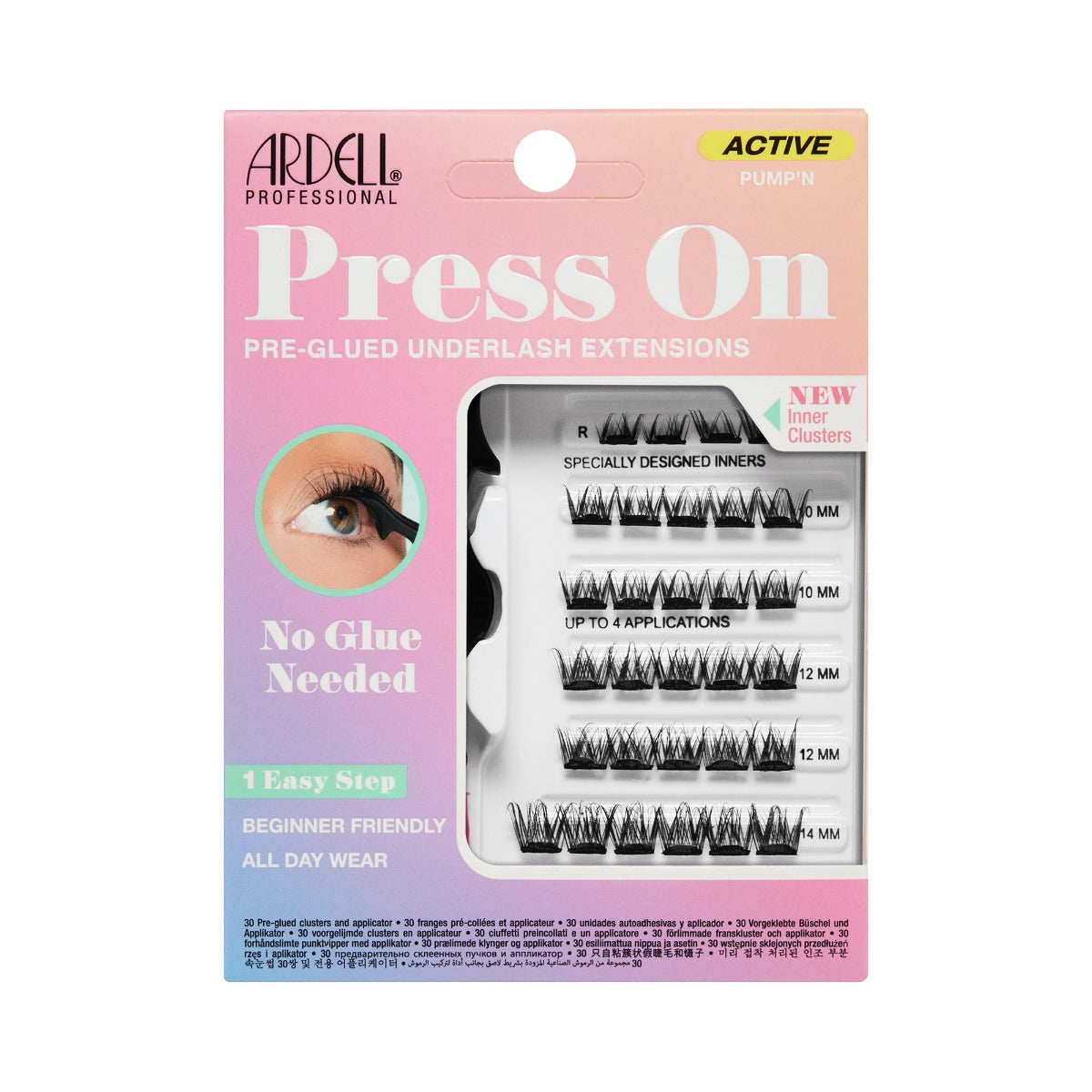 Front view of Press On Active Underlash Extensions Pump'n in wall hook packaging