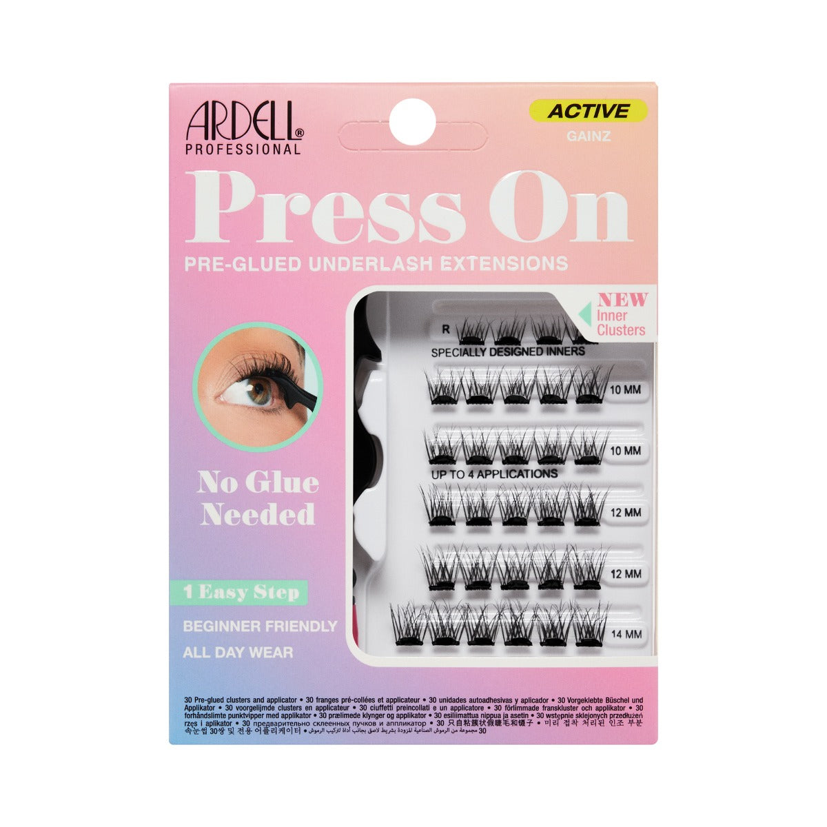 Front view of Press On Active Underlash Extensions Gainz in wall hook packaging 