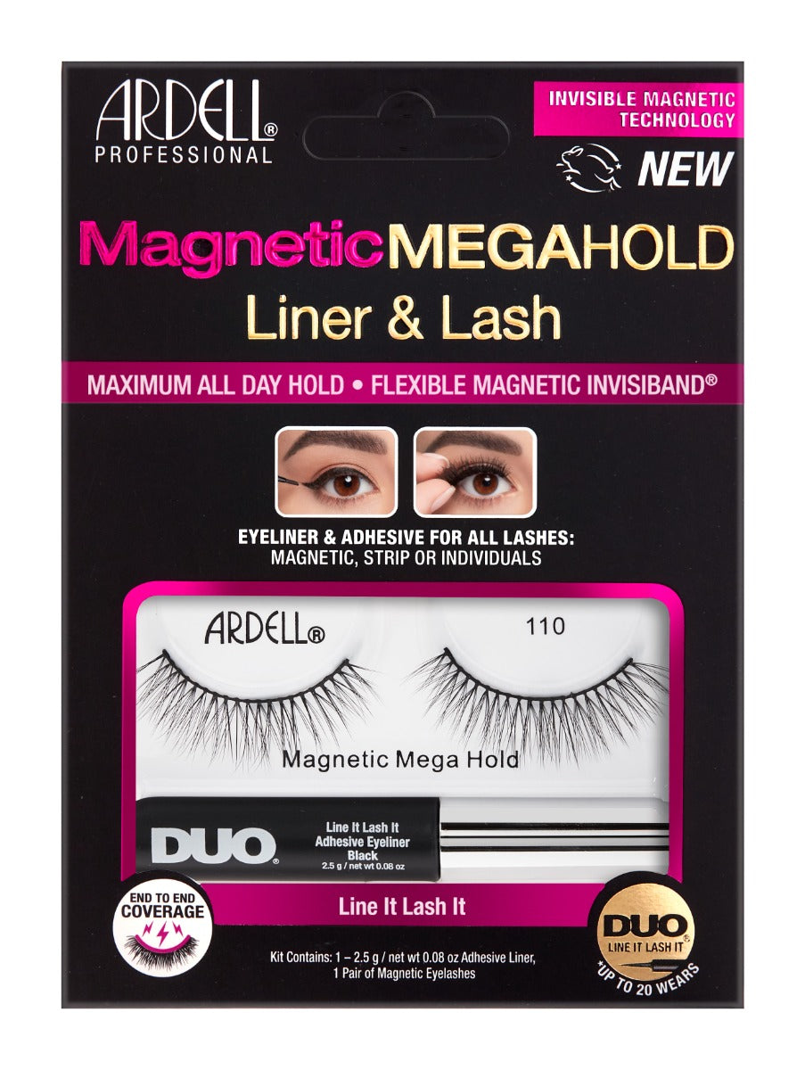 Frontage of a wall-hook ready retail packaging of Ardell's Magnetic Megahold Liner & Lash 110 with printed label text