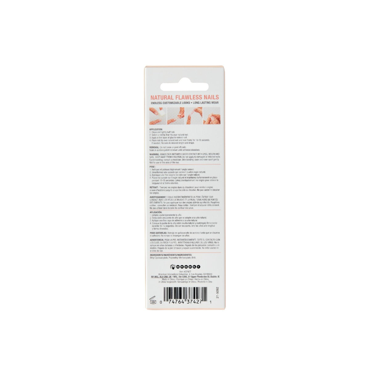 The back view of Natural Flawless Nails packaging with application instructions and product details.