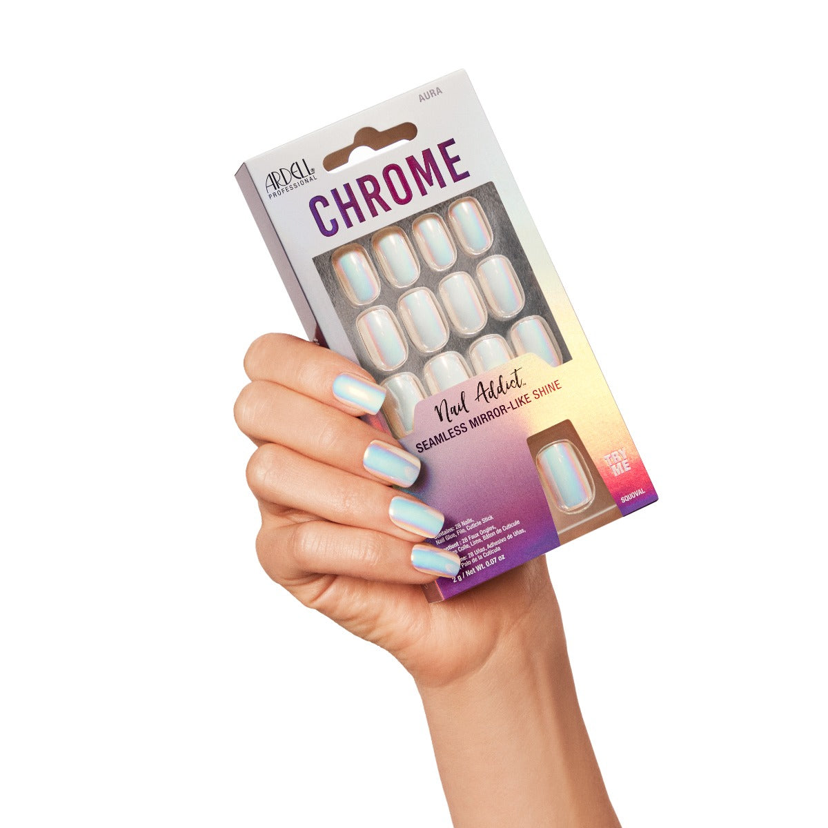Hand model wearing Ardell Nail Addict Chrome Aura 37430 and holding the packaging 