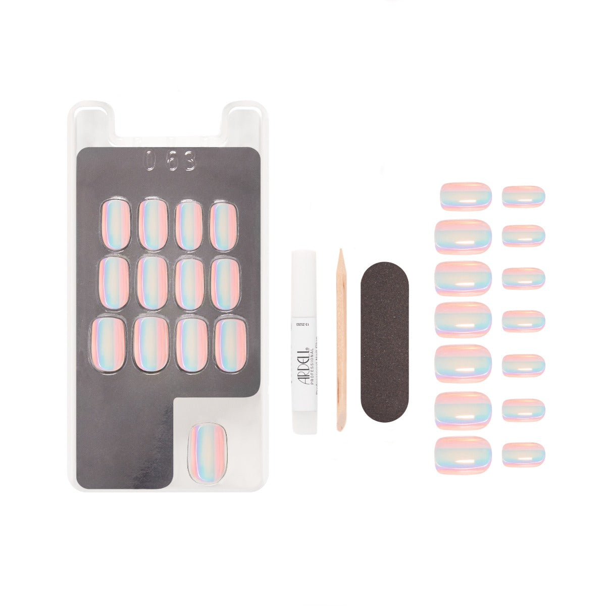 Chrome retrograde iridescent rainbow press-on nails set with application tools, including glue, file, and cuticle stick