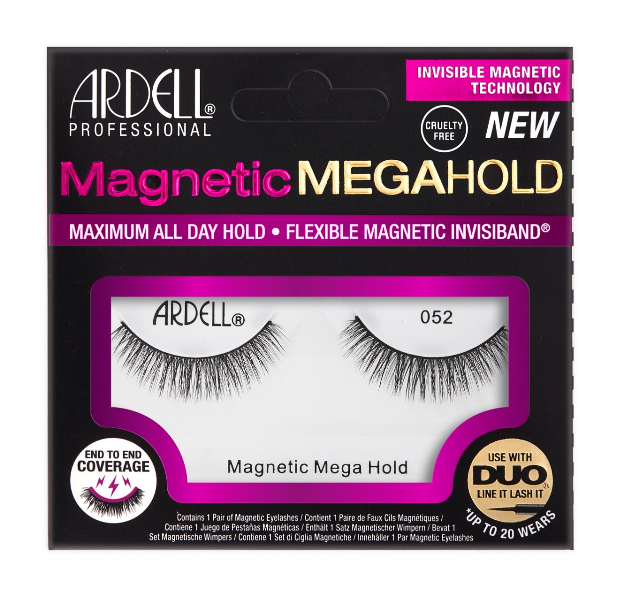 Front view of Ardell Magnetic Megahold Lash 052 retail packaging with printed product details and information 