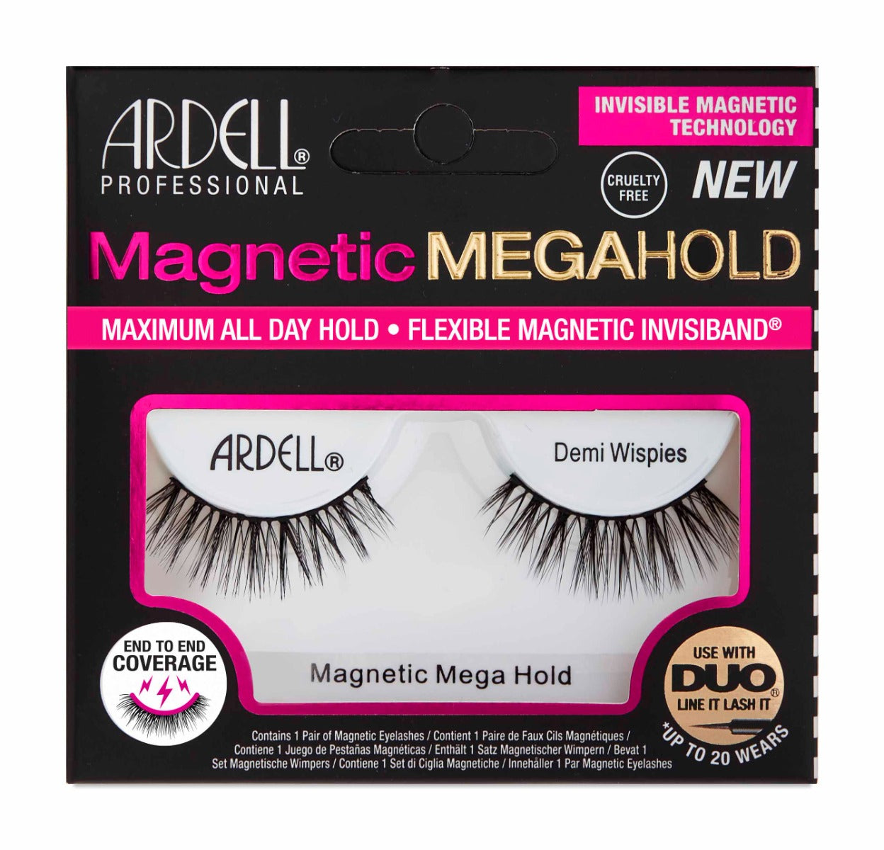Frontal view of Ardell Magnetic Megahold Demi Wispies wall-hook ready box with printed product details and information 