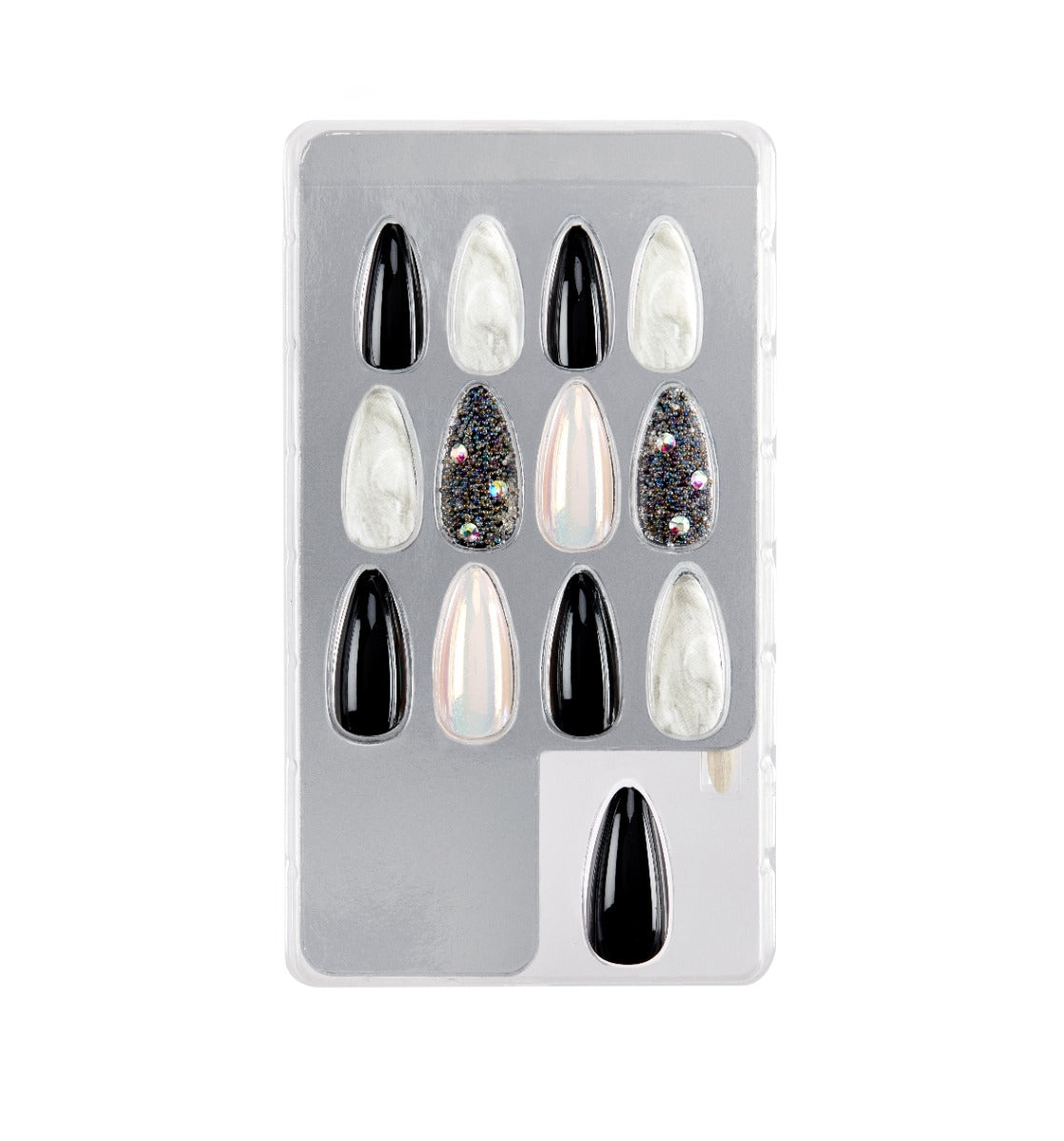 Set of 12 marble & diamond stiletto press-on nails displayed in packaging for a stylish manicure.